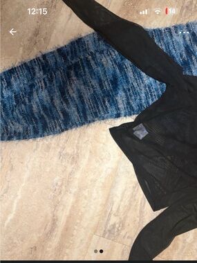 Blue Textured Knit pants with Black Sheer Cardigan